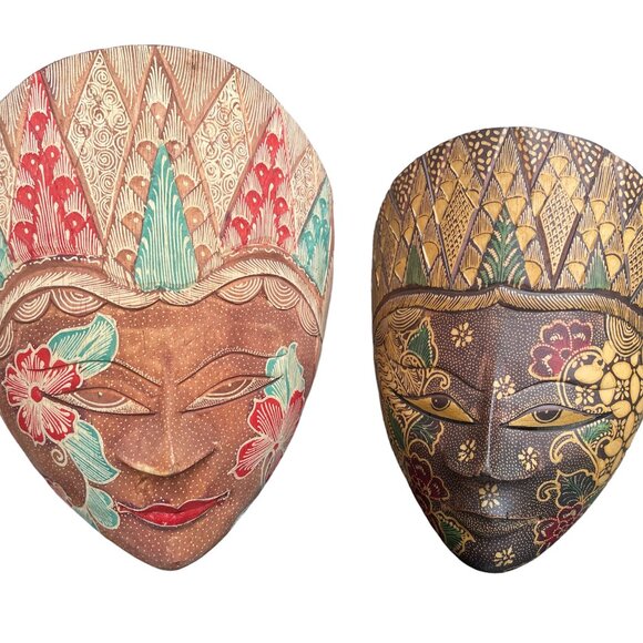 Batik Topeng Wood Hand Carved Mask Lot 2 Indonesian - Picture 1 of 7